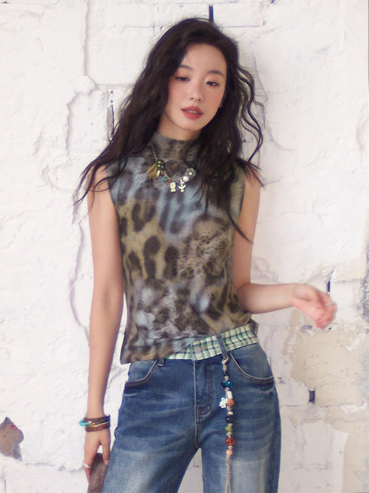 Leopard Print High Neck Sleeveless Tops【s0000013402】