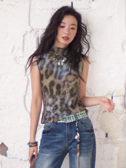 Leopard Print High Neck Sleeveless Tops【s0000013402】