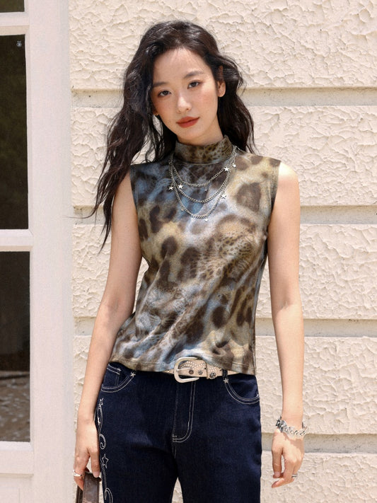 Leopard Print High Neck Sleeveless Tops【s0000013402】