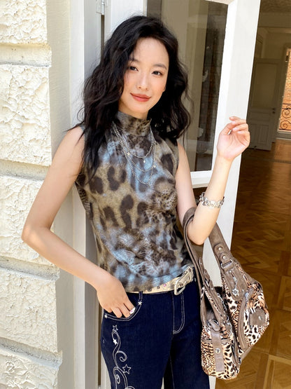 Leopard Print High Neck Sleeveless Tops【s0000013402】