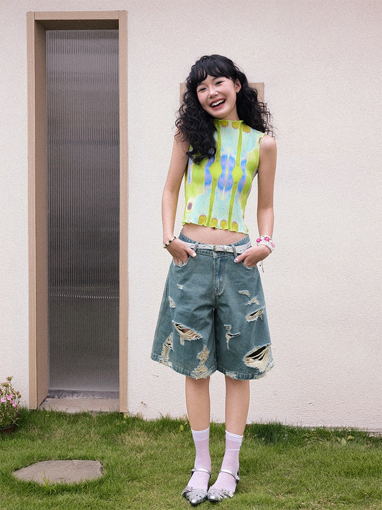 "Dream Movement" Pressed Pleated Print Sleeveless Vest【s0000013404】