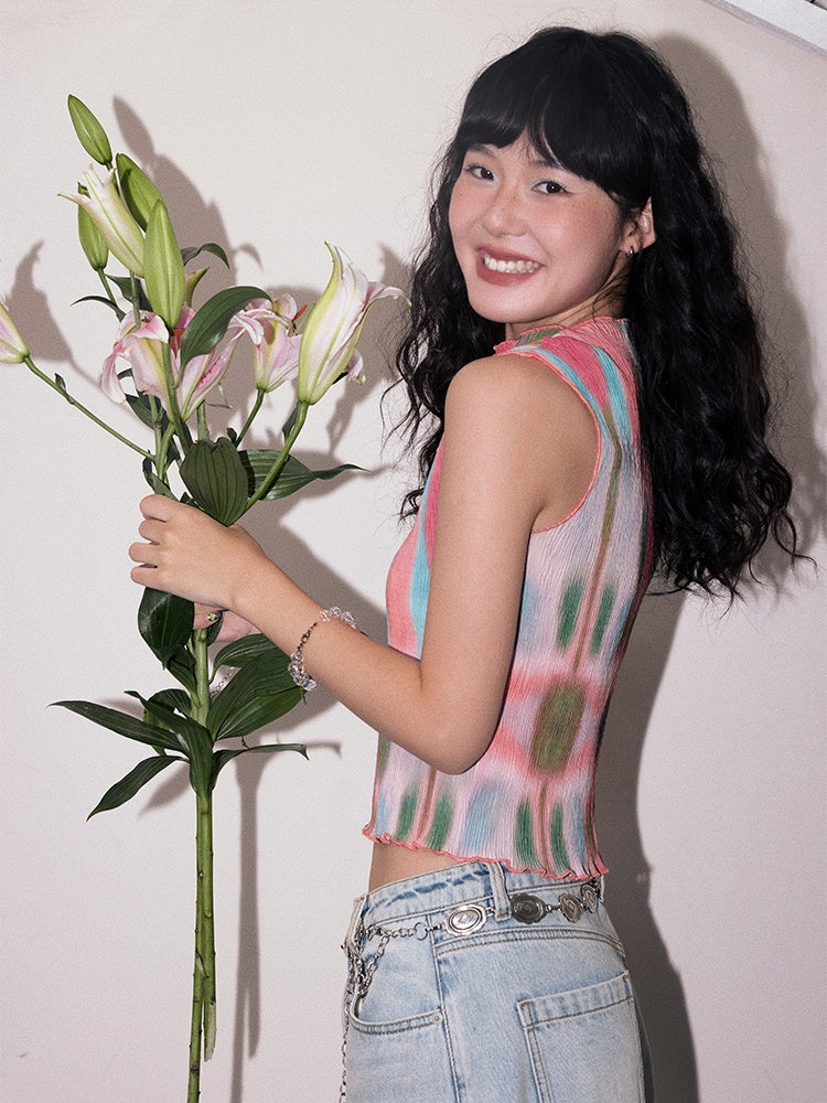 "Dream Movement" Pressed Pleated Print Sleeveless Vest【s0000013404】