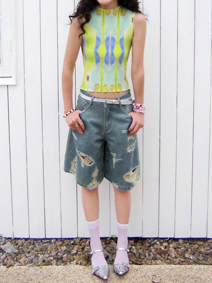 "Dream Movement" Pressed Pleated Print Sleeveless Vest【s0000013404】