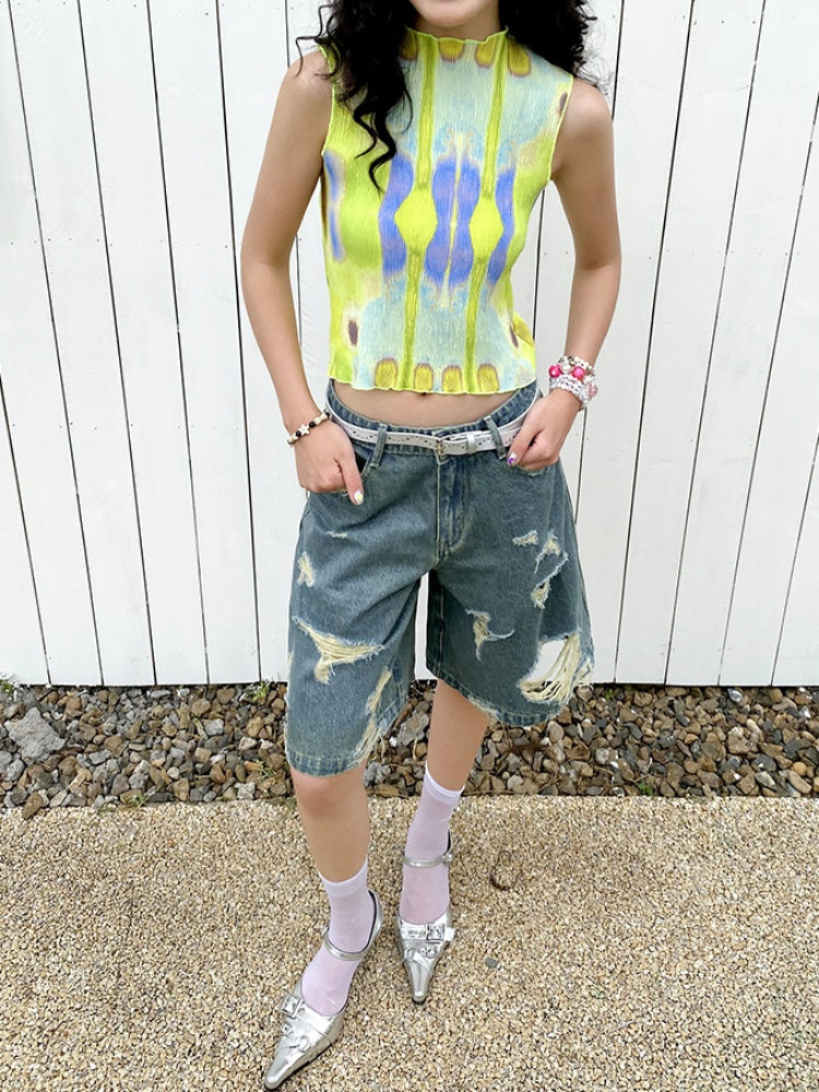 "Dream Movement" Pressed Pleated Print Sleeveless Vest【s0000013404】