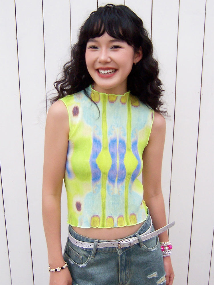 "Dream Movement" Pressed Pleated Print Sleeveless Vest【s0000013404】