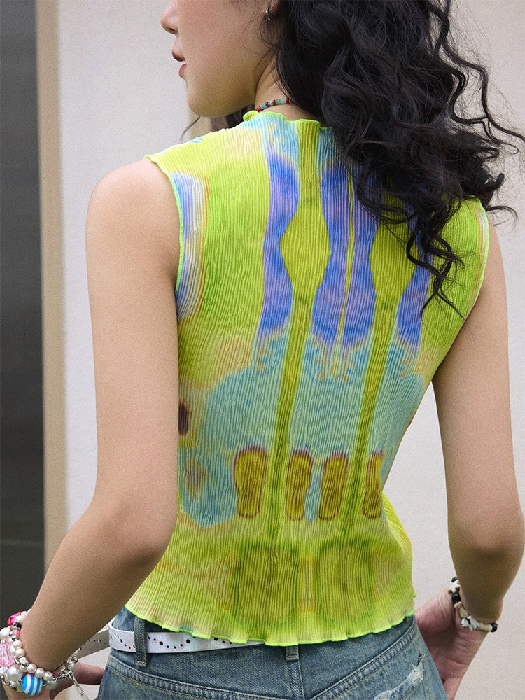 "Dream Movement" Pressed Pleated Print Sleeveless Vest【s0000013404】