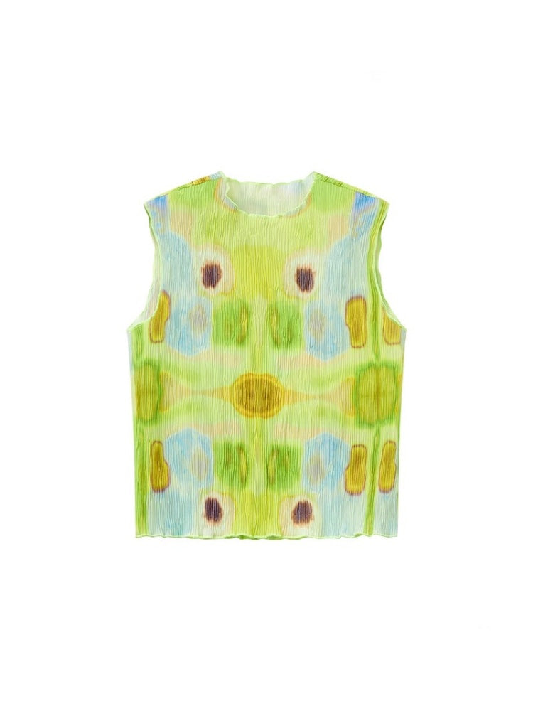 "Dream Movement" Pressed Pleated Print Sleeveless Vest【s0000013404】