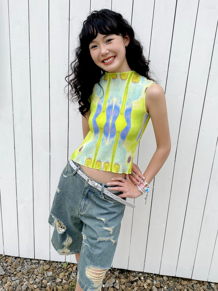 "Dream Movement" Pressed Pleated Print Sleeveless Vest【s0000013404】