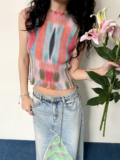 "Dream Movement" Pressed Pleated Print Sleeveless Vest【s0000013404】