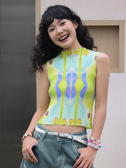 "Dream Movement" Pressed Pleated Print Sleeveless Vest【s0000013404】