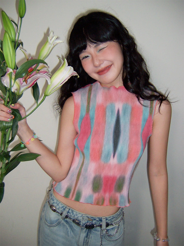 "Dream Movement" Pressed Pleated Print Sleeveless Vest【s0000013404】