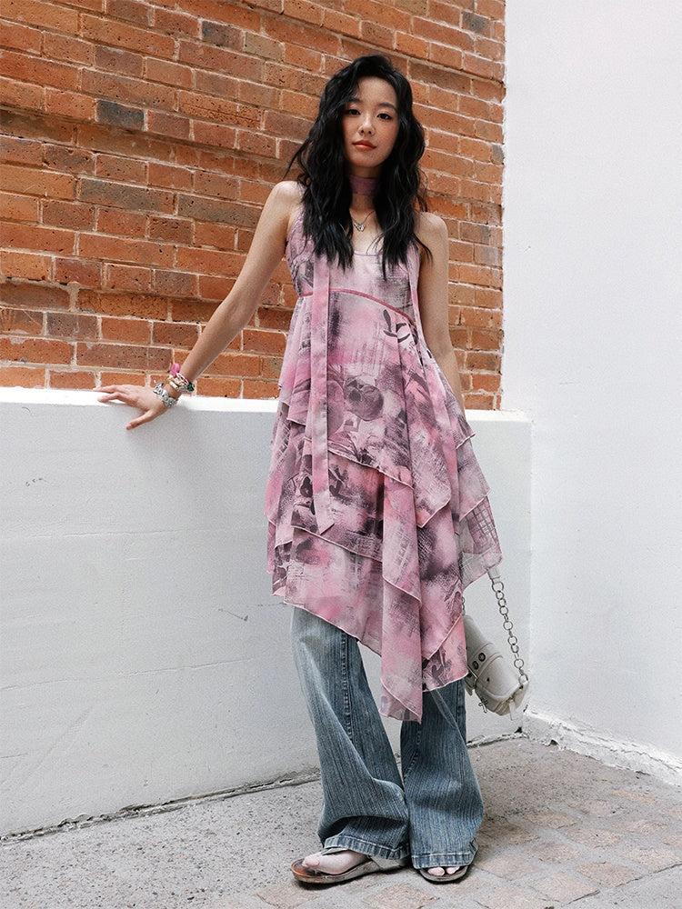 "Butterfly Codex" Gradation Print Asymmetry Suspender Dress【s0000013405】