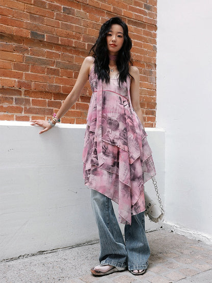 "Butterfly Codex" Gradation Print Asymmetry Suspender Dress【s0000013405】