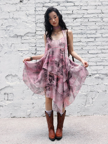 "Butterfly Codex" Gradation Print Asymmetry Suspender Dress【s0000013405】