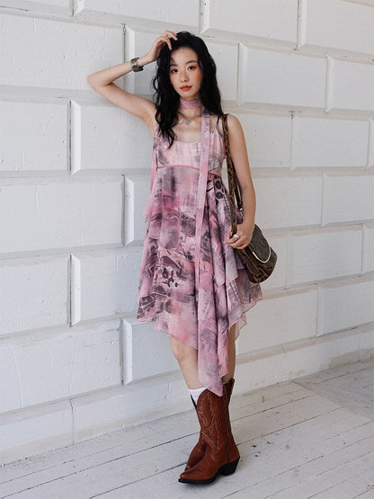 "Butterfly Codex" Gradation Print Asymmetry Suspender Dress【s0000013405】