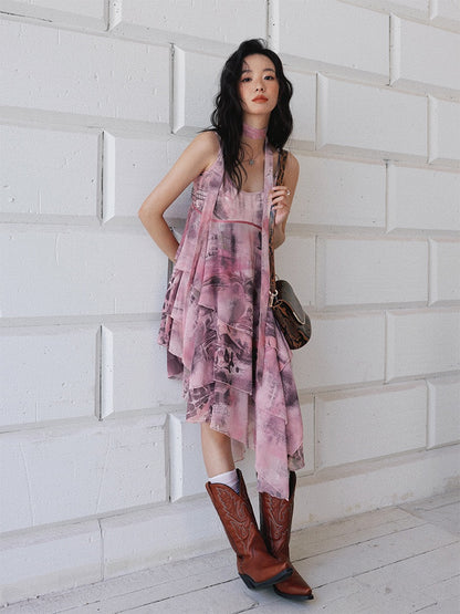 "Butterfly Codex" Gradation Print Asymmetry Suspender Dress【s0000013405】