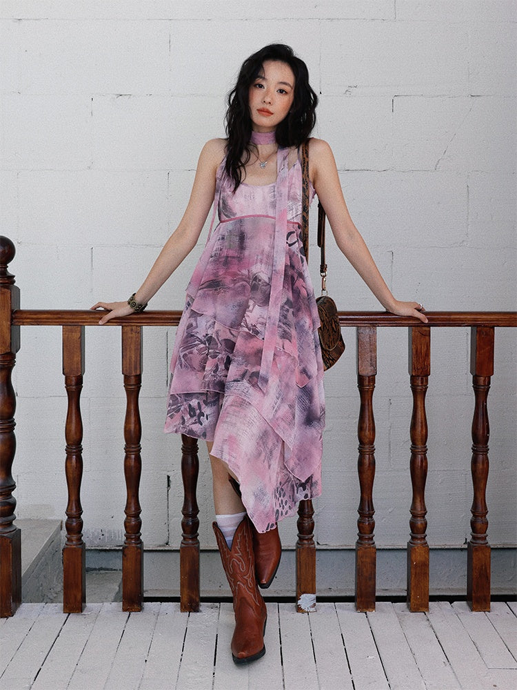 "Butterfly Codex" Gradation Print Asymmetry Suspender Dress【s0000013405】