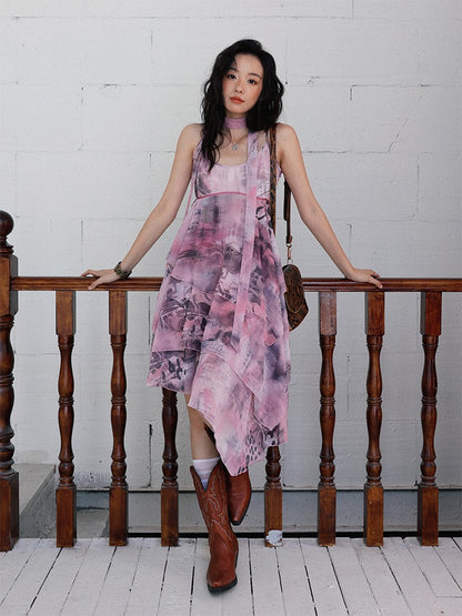 "Butterfly Codex" Gradation Print Asymmetry Suspender Dress【s0000013405】