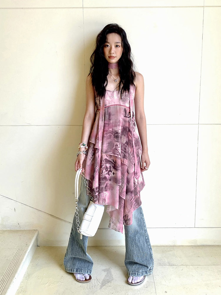 "Butterfly Codex" Gradation Print Asymmetry Suspender Dress【s0000013405】