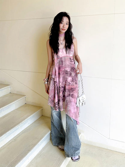 "Butterfly Codex" Gradation Print Asymmetry Suspender Dress【s0000013405】