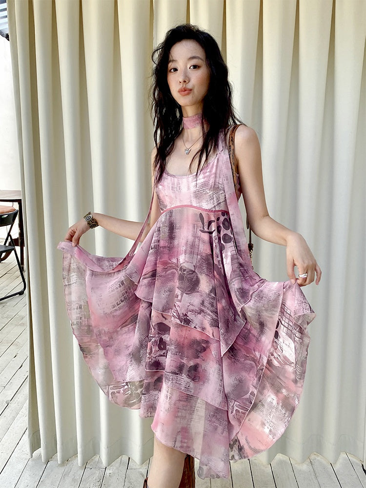 "Butterfly Codex" Gradation Print Asymmetry Suspender Dress【s0000013405】