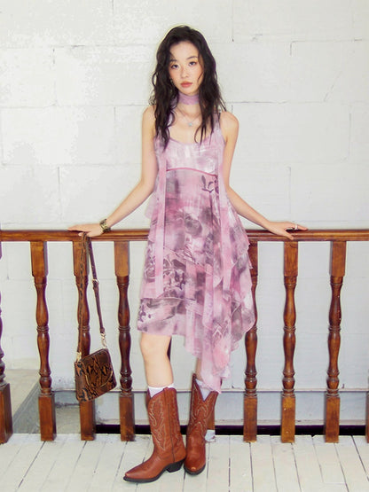 "Butterfly Codex" Gradation Print Asymmetry Suspender Dress【s0000013405】