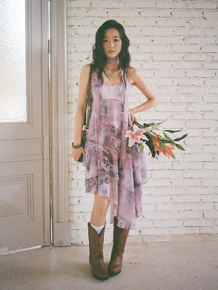 "Butterfly Codex" Gradation Print Asymmetry Suspender Dress【s0000013405】