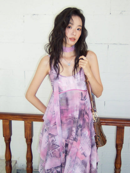 "Butterfly Codex" Gradation Print Asymmetry Suspender Dress【s0000013405】