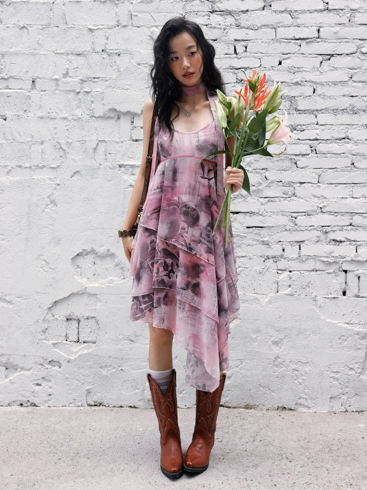 "Butterfly Codex" Gradation Print Asymmetry Suspender Dress【s0000013405】