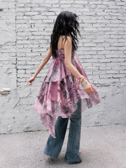 "Butterfly Codex" Gradation Print Asymmetry Suspender Dress【s0000013405】