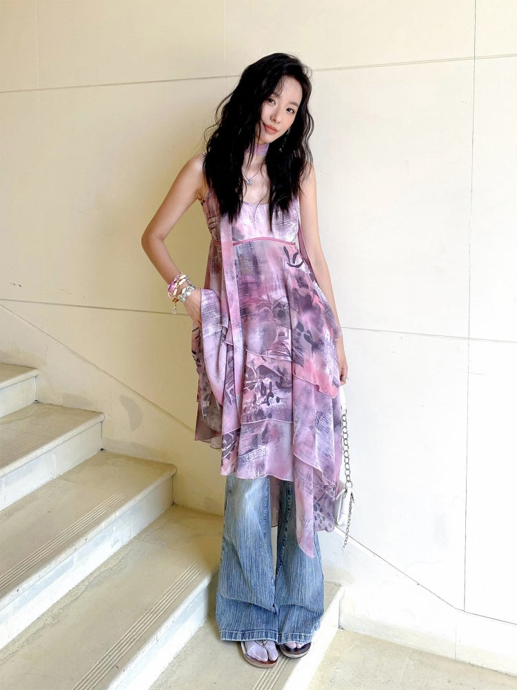 "Butterfly Codex" Gradation Print Asymmetry Suspender Dress【s0000013405】