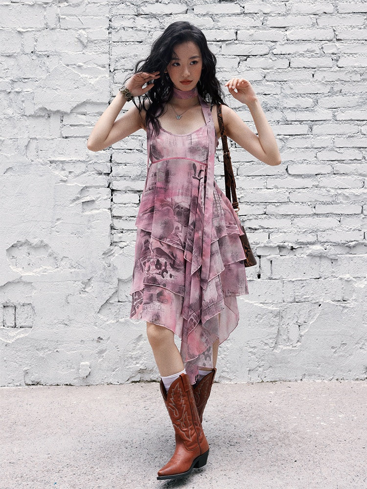 "Butterfly Codex" Gradation Print Asymmetry Suspender Dress【s0000013405】