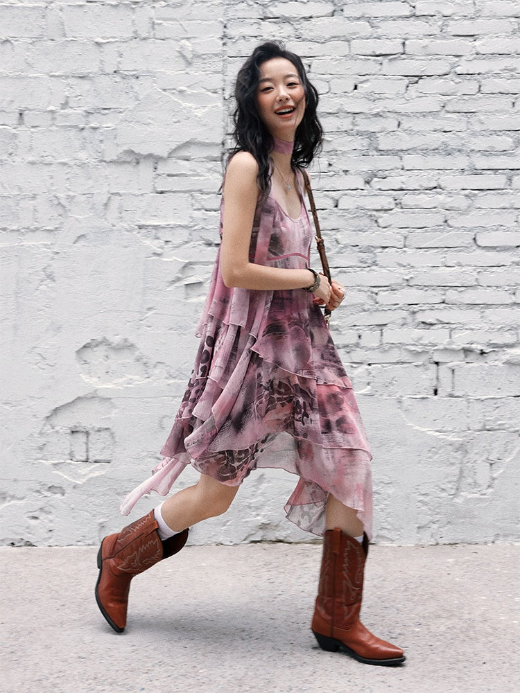 "Butterfly Codex" Gradation Print Asymmetry Suspender Dress【s0000013405】