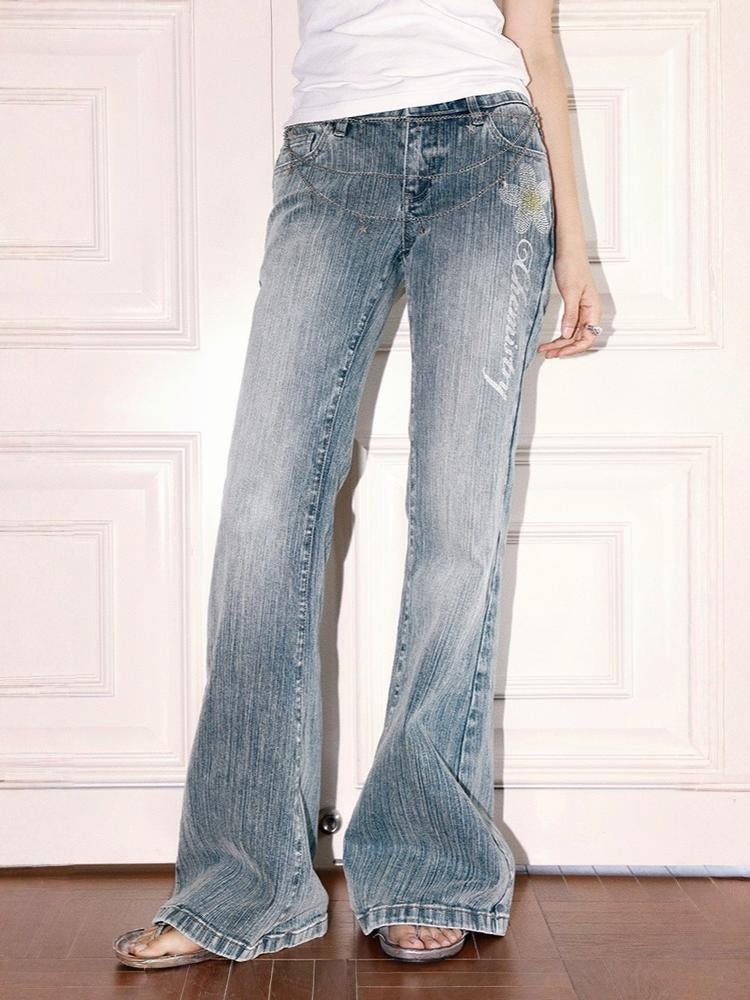"Midsummer Coast" Rhinestone Embroidery Bootcut Flared Jeans【s0000013406】