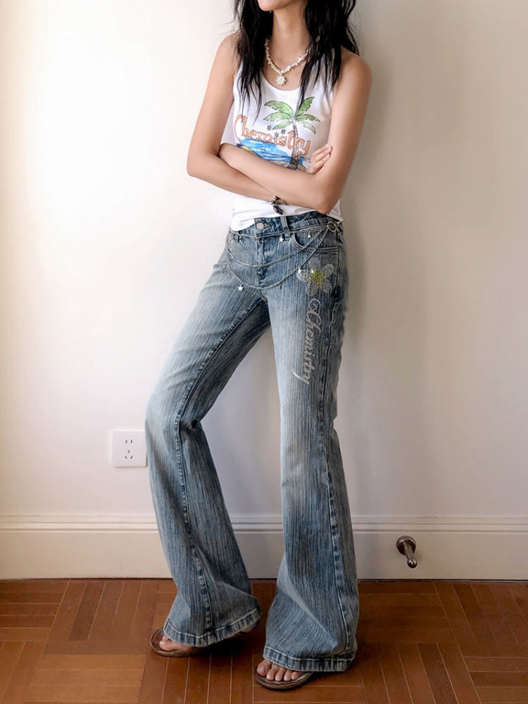 "Midsummer Coast" Rhinestone Embroidery Bootcut Flared Jeans【s0000013406】