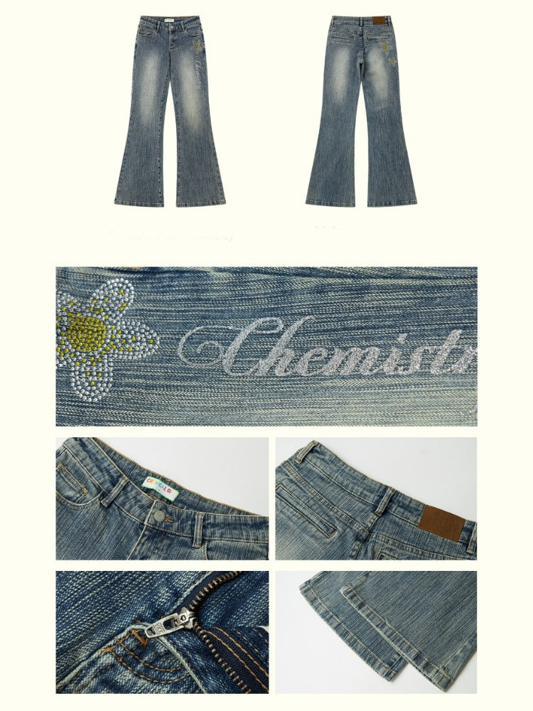 "Midsummer Coast" Rhinestone Embroidery Bootcut Flared Jeans【s0000013406】