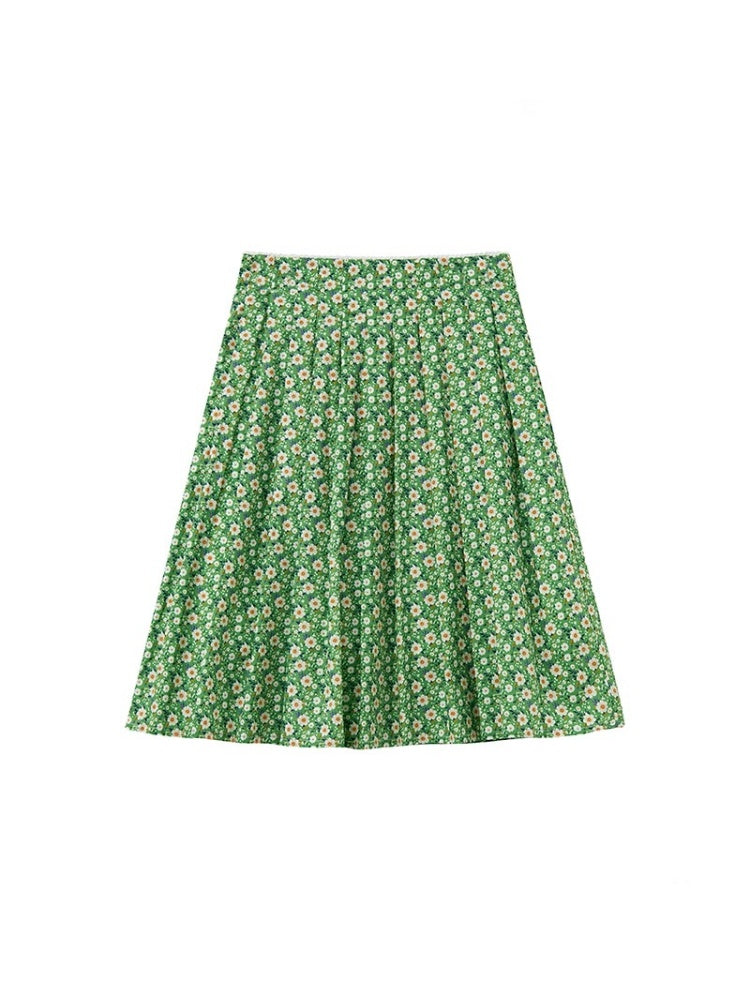 "Green Grass" Floral Pleated Skirt【s0000013407】