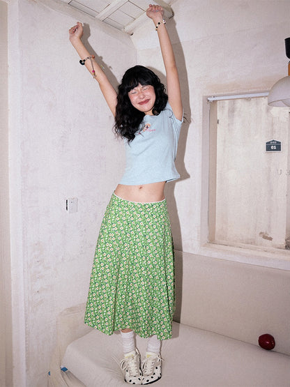 "Green Grass" Floral Pleated Skirt【s0000013407】