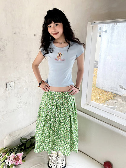 "Green Grass" Floral Pleated Skirt【s0000013407】