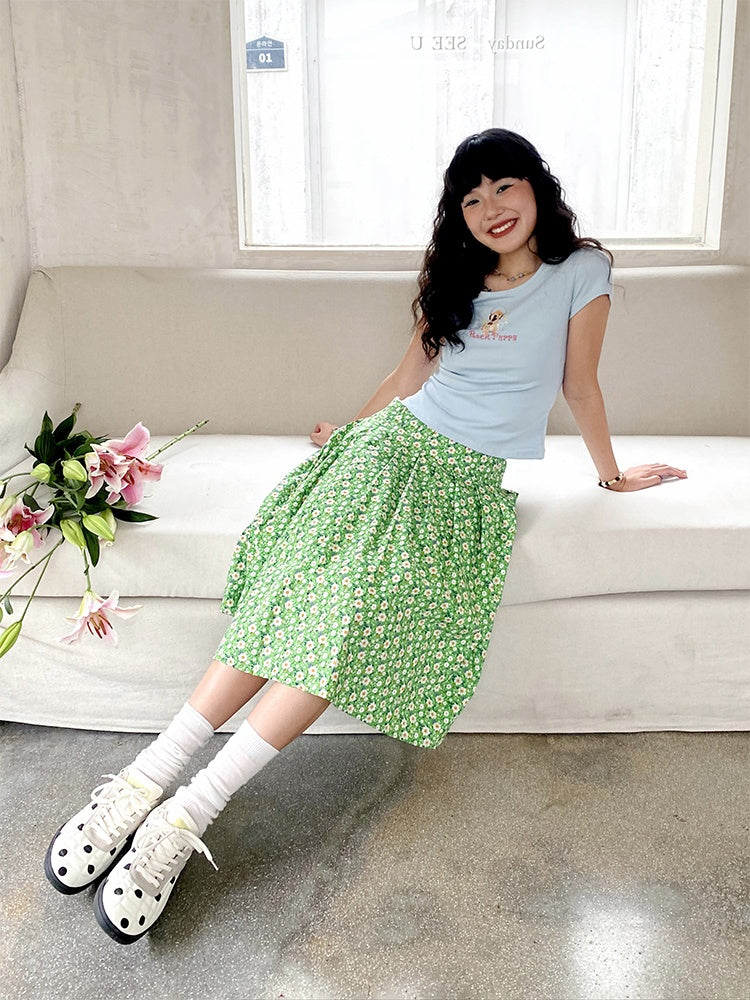 "Green Grass" Floral Pleated Skirt【s0000013407】
