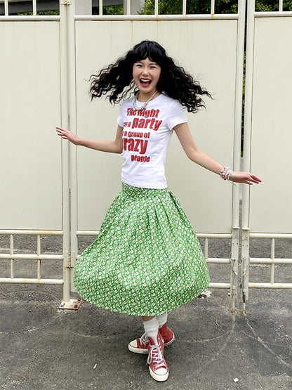 "Green Grass" Floral Pleated Skirt【s0000013407】