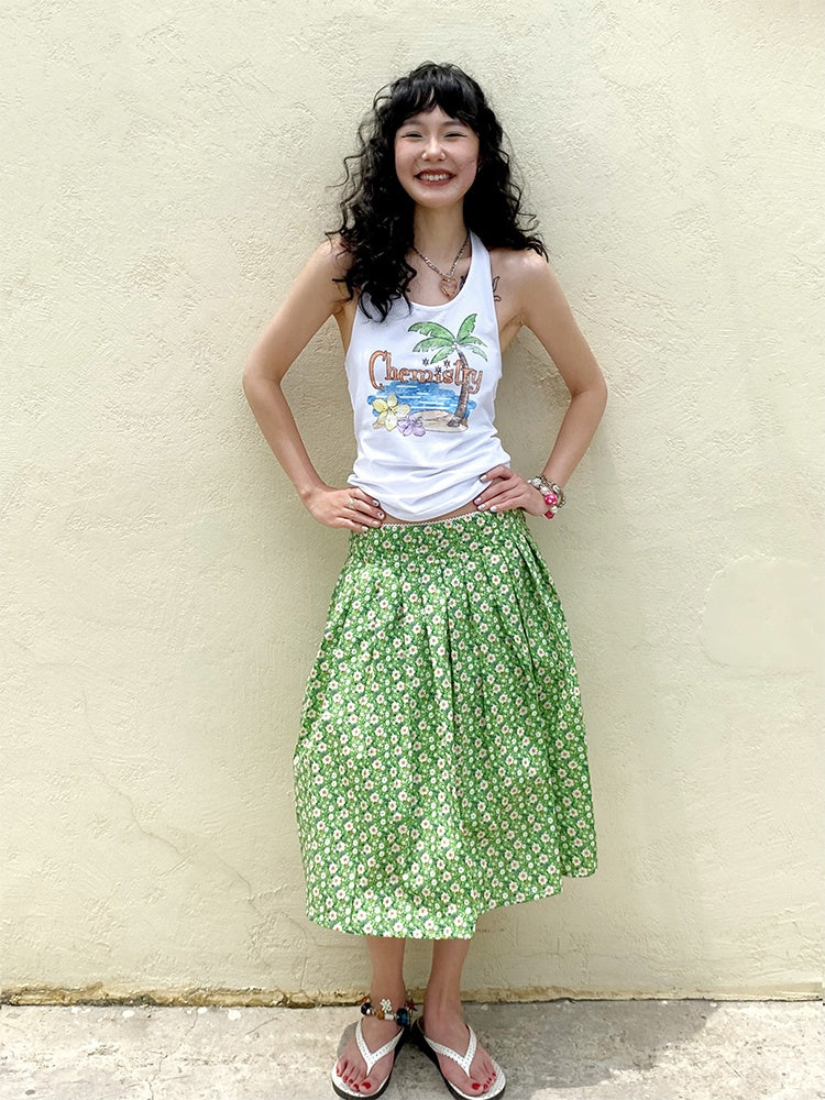 "Green Grass" Floral Pleated Skirt【s0000013407】