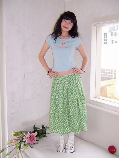 "Green Grass" Floral Pleated Skirt【s0000013407】