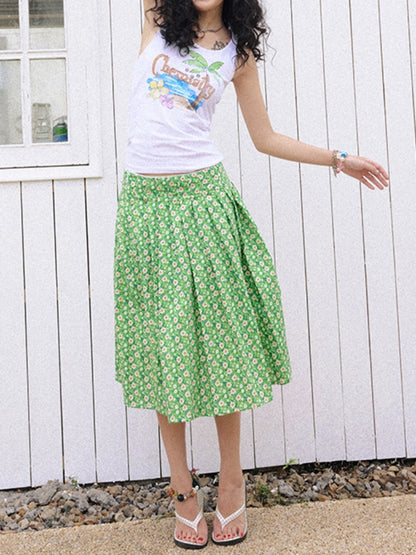 "Green Grass" Floral Pleated Skirt【s0000013407】