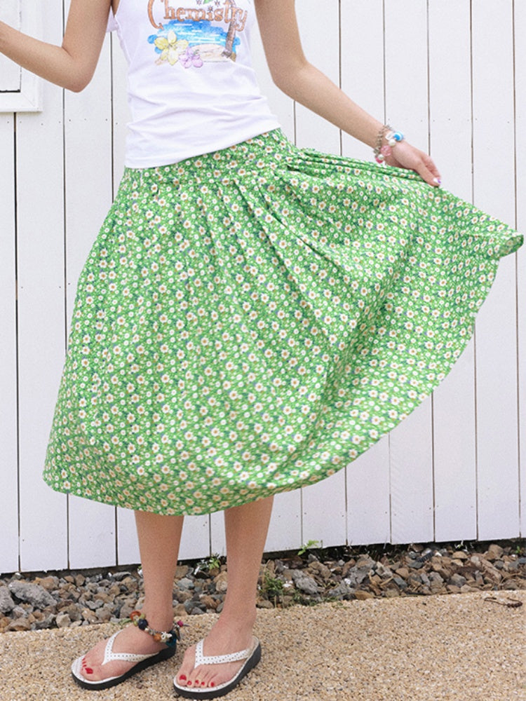 "Green Grass" Floral Pleated Skirt【s0000013407】
