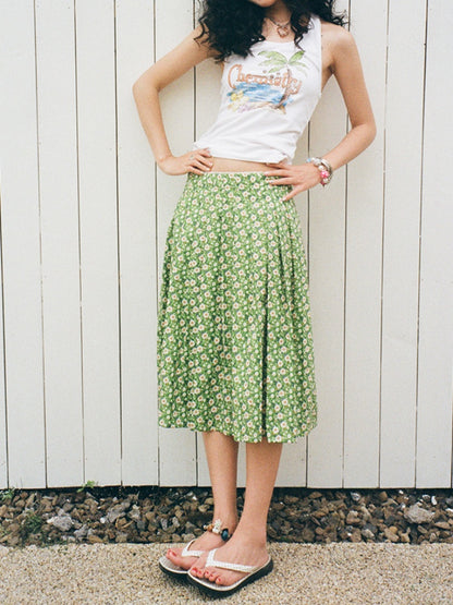 "Green Grass" Floral Pleated Skirt【s0000013407】