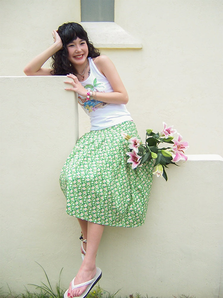 "Green Grass" Floral Pleated Skirt【s0000013407】