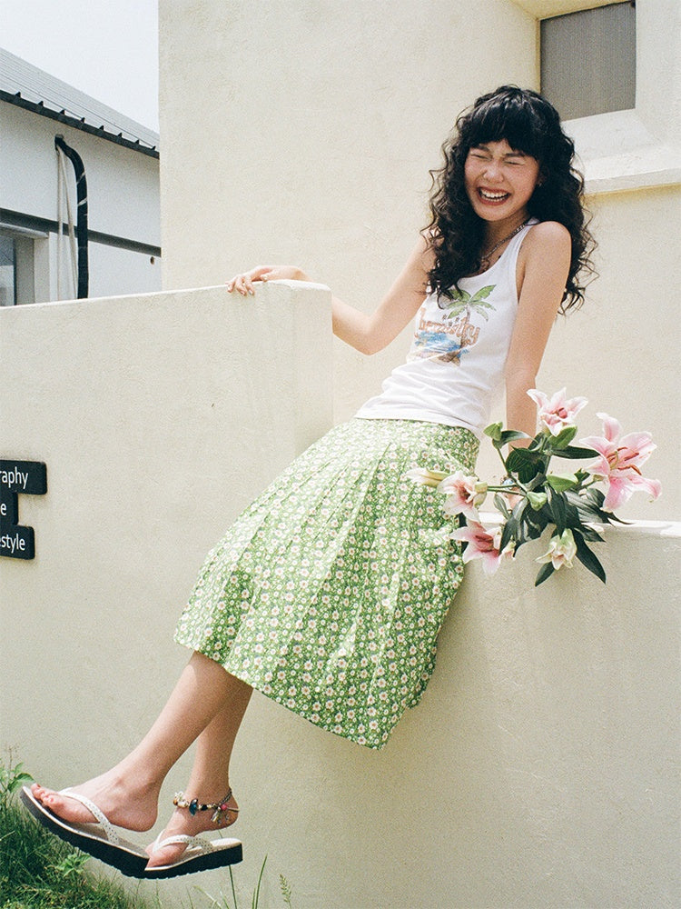 "Green Grass" Floral Pleated Skirt【s0000013407】