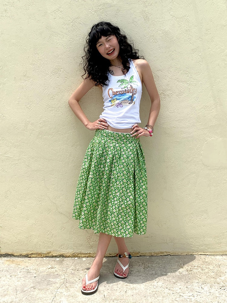 "Green Grass" Floral Pleated Skirt【s0000013407】