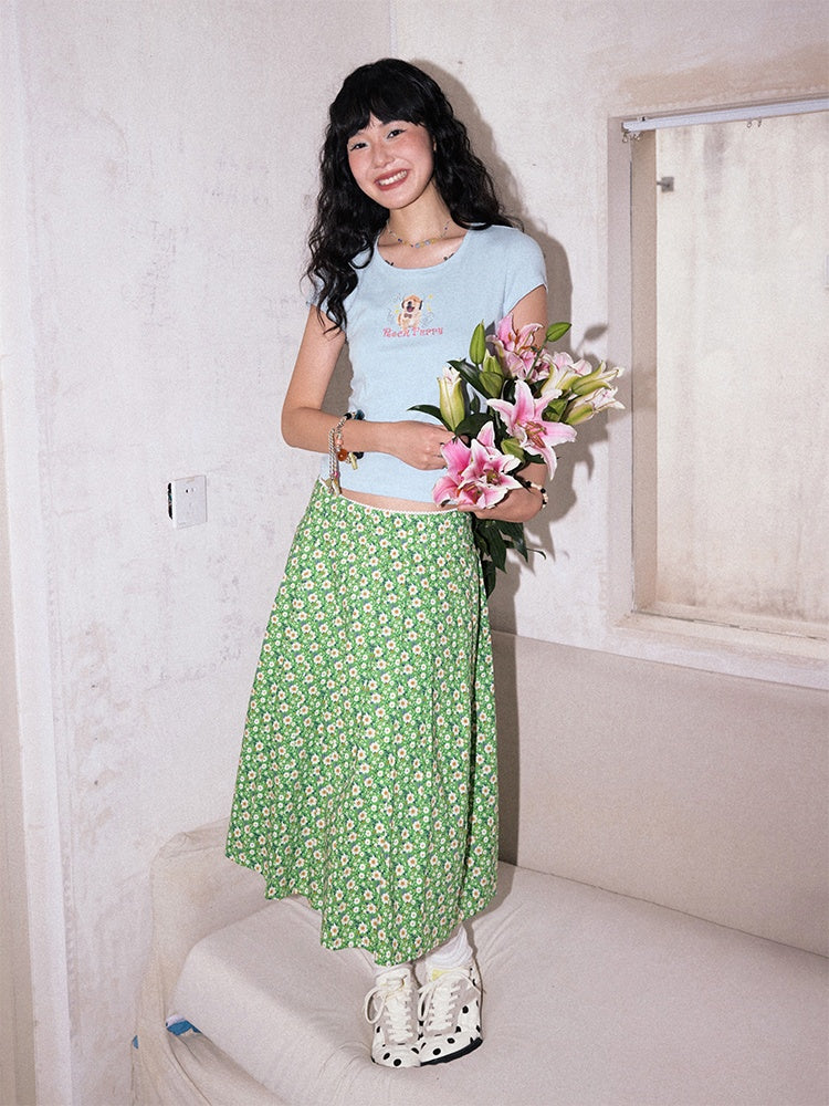 "Green Grass" Floral Pleated Skirt【s0000013407】